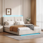 Lova 140*200cm, su LED ap&scaron;vietimu lovos galvūgalyje ir kojūgalyje, dvigulė lova, medžiaginės ki&scaron;enės abiejose galvūgalio pusėse, smėlio spalvos, aksomas