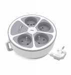 Prailginimo laidas su 4 lizdais, 2 Usb-a/c, baltas-pilkas