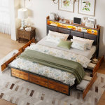 Dvigulė lova 140 x 200 cm su 4 stalčiais - galvūgalis su LED ir daiktadėžėmis - juoda