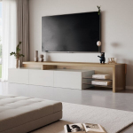 TV spintelė, 200x40x42 cm, su LED ir stiklinėmis lentynomis, baltas