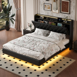 &Scaron;iuolaikinė dvigulė lova su LED ap&scaron;vietimu, 2 USB prievadai, hidraulinė lova su grotelėmis, 140x200 cm, juoda PU oda, be čiužinio