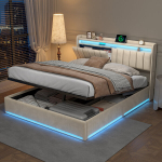 Mink&scaron;ta lova su LED ap&scaron;vietimu ir funkcionaliu C tipo USB įkrovimu, galvūgalio laikikliu ir grotelių rėmu, 160x200 cm, smėlio spalvos aksomu (be čiužinio)