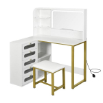L Formos Tualetinis Staliukas su LED Veidrodžiu ir Taburete Modernus Kampinis Makiažo Stalas su Daug Vietos Daiktams
