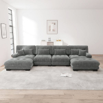 Modulinė kampinė sofa U formos, 4 vietų, su kilnojamu pufu, pilka, chenille audinys