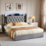 Moderni dvigulė lova 140 x 190 cm, su LED ap&scaron;vietimu, USB Type-C, pilka, aksomas