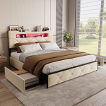 Dvigulė lova 160x200cm su LED ir USB jungtimis - 4 stalčiais - aksominė - smėlio spalvos