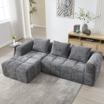 Moderni L formos sofa, Chenille, 3 sėdimos vietos, su chaise longue, 3 pagalvės, &scaron;oninė ki&scaron;enė nuotol. pultui, pilka