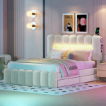 Polsterinė lova 140x200 cm su 4 stalčiais, LED, USB ir stereo sistema, smėlio