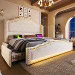 Polsterinė lova 180x200 cm, 4 stalčiai, LED, USB-C, saugykla, velvetas, beige, be čiužinio