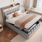 Polsterinė lova 140x200 cm, LED, USB, su lentynomis ir hidrauliniu stalčiu, pilka