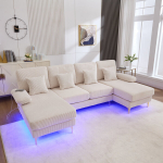 U formos sofa su LED ir USB-C, medinis rėmas, 4 pagalvės, smėlio