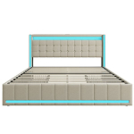 Mink&scaron;ta dvigulė lova 140&times;200 cm su LED ap&scaron;vietimu, 4 stalčiais ir USB įkrovimu &ndash; lino audinio lova su galvūgaliu, smėlio spalva