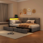 Sofa-lova 90x200 cm, viengulė lova su LED, USB, 2 stalčiais, pilka