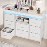 Komoda su 8 stalčiais, su įkrovimo stotele ir LED, su audinių stalčiais svetainei, balta