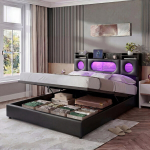 Mink&scaron;ta lova su LED ap&scaron;vietimu, USB ir C tipo prievadai, sotorage galvūgalis, 140x200 cm, juoda PU oda, be čiužinio