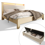 Medinė lova 140x200, LED ap&scaron;vietimas, su suolo, 3 dėžės