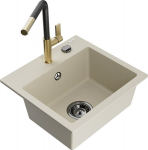 Granitinė virtuvinė plautuvė Mexen Milo su mai&scaron;ytuvu ir sifonu, Beige+Black/Gold