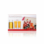 Kūno priežiūros priemonių rinkinys Clarins: kūno aliejus 100 ml + du&scaron;o želė 30 ml + drėkinamasis balzamas 30 ml + kosmetinė