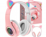 Belaidės Bluetooth ausinės Cat ears LED, rožinės