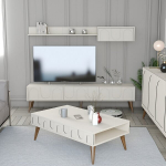 Lyon 3 svetainės baldų komplektas &ndash; kreminės ir rie&scaron;utmedžio spalvos