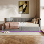 Lova 90*200 cm, su LED ap&scaron;vietimu ir USB jungtimi, viengulė lova, pilka, aksomas