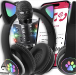 muzikinis rinkinys su bluetooth cat ear ausinėmis ir karaoke mikrofonu su kolonėlės funkcija