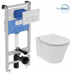 Pakabinamo WC komplektas su rėmu. Komplektą sudaro klozetas Ideal Standard Connect Air AquaBlade su lėtai nusileidžiančiu dangčiu ir Prosys 120M potinkine sistema bei baltos spalvos WC mygtuku.