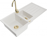 Granitinė virtuvinė plautuvė Mexen Andres su mai&scaron;ytuvu ir sifonu, White+Gold