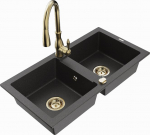 Granitinė virtuvinė plautuvė Mexen Mario su mai&scaron;ytuvu ir sifonu, Black granite+Gold