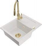 Granitinė virtuvinė plautuvė Mexen Enzo su mai&scaron;ytuvu ir sifonu, White+Gold