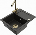 Granitinė virtuvinė plautuvė Mexen Enzo su mai&scaron;ytuvu ir sifonu, Metallic black/gold+Gold