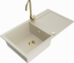 Granitinė virtuvinė plautuvė Mexen Leo su mai&scaron;ytuvu ir sifonu, Beige+Gold