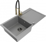 Granitinė virtuvinė plautuvė Mexen Leo su mai&scaron;ytuvu ir sifonu, Grey+Black/Gold