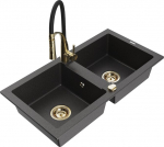 Granitinė virtuvinė plautuvė Mexen Mario su mai&scaron;ytuvu ir sifonu, Black granite+Black/Gold