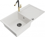 Granitinė virtuvinė plautuvė Mexen Leo su mai&scaron;ytuvu ir sifonu, White+Black/Gold