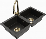 Granitinė virtuvinė plautuvė Mexen Mario su mai&scaron;ytuvu ir sifonu, Metallic black/silver+Gold