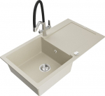 Granitinė virtuvinė plautuvė Mexen Leo su mai&scaron;ytuvu ir sifonu, Beige+Black/Chrome