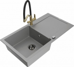 Granitinė virtuvinė plautuvė Mexen Leo su mai&scaron;ytuvu ir sifonu, Grey+Black/Gold