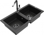 Granitinė virtuvinė plautuvė Mexen Mario su mai&scaron;ytuvu ir sifonu, Metallic black/silver+Black/Chrome