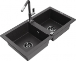 Granitinė virtuvinė plautuvė Mexen Mario su mai&scaron;ytuvu ir sifonu, Black granite+Black granite/Chrome