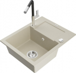 Granitinė virtuvinė plautuvė Mexen Enzo su mai&scaron;ytuvu ir sifonu, Beige+Black/Chrome