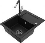 Granitinė virtuvinė plautuvė Mexen Enzo su mai&scaron;ytuvu ir sifonu, Black+Black/Chrome