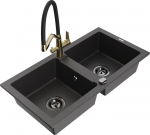 Granitinė virtuvinė plautuvė Mexen Mario su mai&scaron;ytuvu ir sifonu, Black granite+Black/Gold