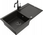 Granitinė virtuvinė plautuvė Mexen Leo su mai&scaron;ytuvu ir sifonu, Metallic black/gold+Black