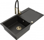 Granitinė virtuvinė plautuvė Mexen Leo su mai&scaron;ytuvu ir sifonu, Metallic black/gold+Black/Gold