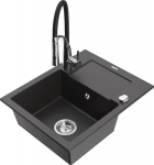 Granitinė virtuvinė plautuvė Mexen Enzo su mai&scaron;ytuvu ir sifonu, Black granite+Black/Chrome