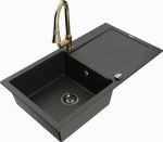 Granitinė virtuvinė plautuvė Mexen Leo su mai&scaron;ytuvu ir sifonu, Metallic black/gold+Gold