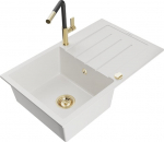 Granitinė virtuvinė plautuvė Mexen Bruno su mai&scaron;ytuvu ir sifonu, White+Black/Gold