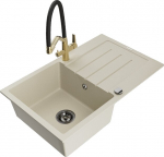 Granitinė virtuvinė plautuvė Mexen Bruno su mai&scaron;ytuvu ir sifonu, Beige+Black/Gold