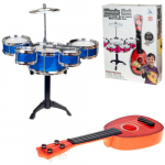 Žaislinių muzikinių instrumentų rinkinys, būgnai ir ukulelė